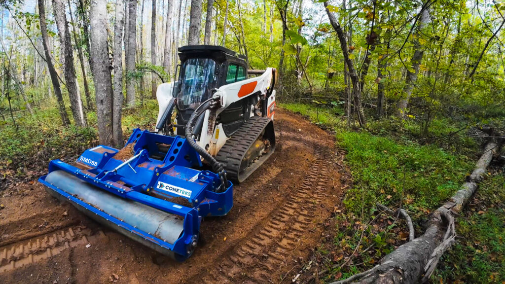 This image shows what a subsoil mulcher is, what it looks like, and shows an example of how it turns a forested area into a clean, even, and beautiful path.